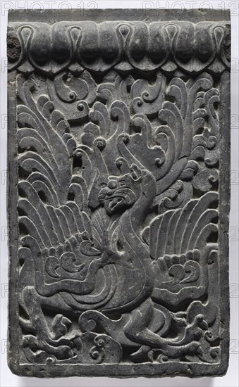 Section of a Coffin Platform: Phoenix, 550-577. China, Northern Qi dynasty (550-577). Limestone; overall: 45.7 x 211.4 x 10.8 cm (18 x 83 1/4 x 4 1/4 in.); panel: 45.7 x 27.6 x 10.8 cm (18 x 10 7/8 x 4 1/4 in.).