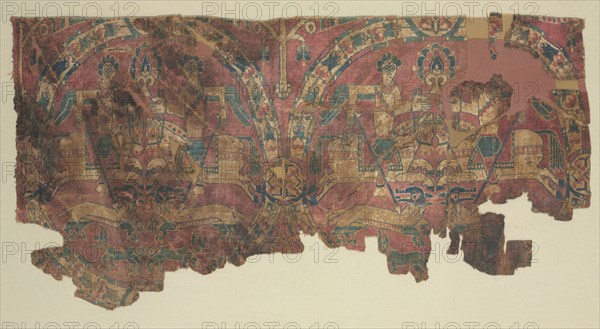 Samite roundels with hunters, 800s. Eastern Iran or Central Asia. Samite: silk; overall: 26 x 29 cm (10 1/4 x 11 7/16 in.)