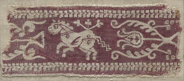 Fragment of a Band with Horse, 700s - 900s. Egypt, Umayyad or Abbasid period (?), 8th - 10th century. Tapestry (originally inwoven in tabby ground); wool and linen; overall: 6.5 x 15.3 cm (2 9/16 x 6 in.).