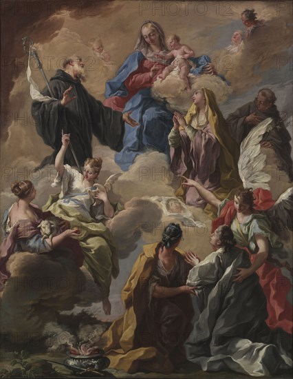 Saints Presenting a Devout Woman to the Virgin and Child, 1720s. Giovanni Battista Pittoni (Italian, 1687-1767). Oil on canvas; framed: 185 x 149 x 6.5 cm (72 13/16 x 58 11/16 x 2 9/16 in.); unframed: 172 x 135.5 cm (67 11/16 x 53 3/8 in.).