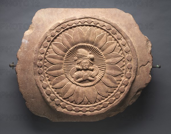Double-Faced Crossbar from a Railing: Male Worshipper (recto), c. 150 BC. India, Madhya Pradesh, Bharhut, Shunga Period. Plum-colored sandstone; overall: 55.9 x 66 cm (22 x 26 in.).