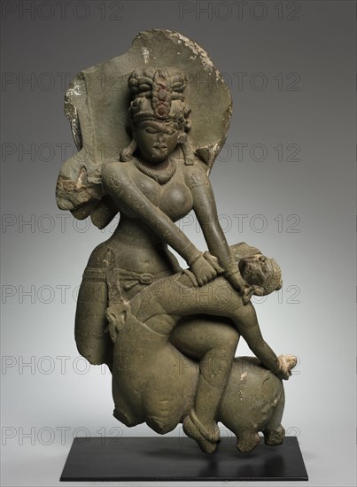 Durga Destroying the Buffalo Demon, 800s-900s. Northern India, Kashmir or Himachal Pradesh, 9th-10th Century. Schist; overall: 76.2 cm (30 in.).