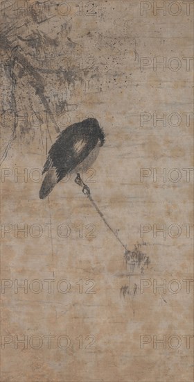 Willow and Magpie, mid-1200s. Attributed to Fachang Muqi (Chinese, 1220-1280). Hanging scroll, ink on paper; image: 60.4 x 30.9 cm (23 3/4 x 12 3/16 in.); overall: 137.2 x 48.3 cm (54 x 19 in.).