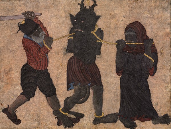 Demon in chains, c. 1453. Style of Muhammad Siya Qalam (Iranian). Opaque watercolor and gold on paper; image: 25.7 x 34.4 cm (10 1/8 x 13 9/16 in.); overall: 27 x 35.2 cm (10 5/8 x 13 7/8 in.).
