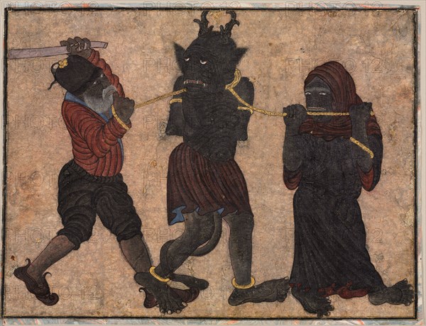 Demon in chains, c. 1453. Style of Muhammad Siya Qalam (Iranian). Opaque watercolor and gold on paper; image: 25.7 x 34.4 cm (10 1/8 x 13 9/16 in.); overall: 27 x 35.2 cm (10 5/8 x 13 7/8 in.).