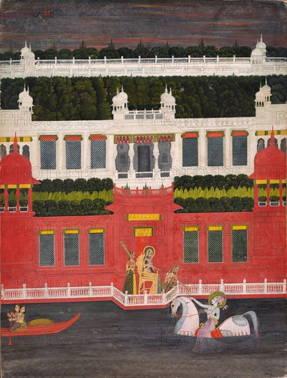 Krishna Receives a Flower Garland, c. 1750-1760. Sitaram (Indian). Ink and color on paper; image: 42 x 32 cm (16 9/16 x 12 5/8 in.); with mat: 53.2 x 40.6 cm (20 15/16 x 16 in.).
