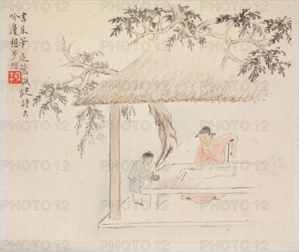 Album of Landscape Paintings Illustrating Old Poems: A Man Sits at a Table before an Open Scroll; a Boy Mixes Ink, 1700s. Hua Yan (Chinese, 1682-about 1765). Album leaf, ink and light color on paper; image: 11.2 x 13.1 cm (4 7/16 x 5 3/16 in.); album, closed: 15 x 18.5 cm (5 7/8 x 7 5/16 in.).