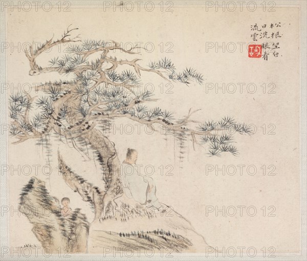 Album of Landscape Paintings Illustrating Old Poems:  An Old Man Sits under a Pine Tree, a Boy is behind a Stone, 1700s. Hua Yan (Chinese, 1682-about 1765). Album leaf, ink and light color on paper; image: 11.2 x 13.1 cm (4 7/16 x 5 3/16 in.); album, closed: 15 x 18.5 cm (5 7/8 x 7 5/16 in.).