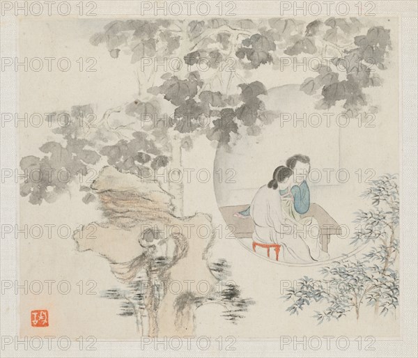 Album of Landscape Paintings Illustrating Old Poems: Two Women Sit at a Table within a Circle Visible in a Landscape, 1700s. Hua Yan (Chinese, 1682-about 1765). Album leaf, ink and light color on paper; image: 11.2 x 13.1 cm (4 7/16 x 5 3/16 in.); album, closed: 15 x 18.5 cm (5 7/8 x 7 5/16 in.).