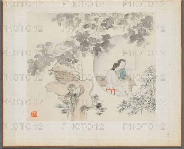 Album of Landscape Paintings Illustrating Old Poems: Two Women Sit at a Table within a Circle Visible in a Landscape, 1700s. Hua Yan (Chinese, 1682-about 1765). Album leaf, ink and light color on paper; image: 11.2 x 13.1 cm (4 7/16 x 5 3/16 in.); album, closed: 15 x 18.5 cm (5 7/8 x 7 5/16 in.).