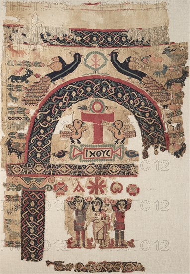 Hanging with Christian Images, 500s. Egypt, Byzantine period, 6th century. Plain weave (tabby) with inwoven tapestry weave; dyed wool, undyed linen; overall: 110.5 x 76.8 cm (43 1/2 x 30 1/4 in.); mounted: 120.9 x 87 x 3.9 cm (47 5/8 x 34 1/4 x 1 9/16 in.)