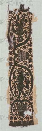 Rare Silk Tunic Fragment with Ornamental Sleeve Band, 400s-500s. Egypt, Byzantine period, 5th - 6th century. Plain weave: silk; tapestry weave with supplementary weft wrapping; undyed linen, dyed wool, silk; overall: 6.4 x 26.8 cm (2 1/2 x 10 9/16 in.)