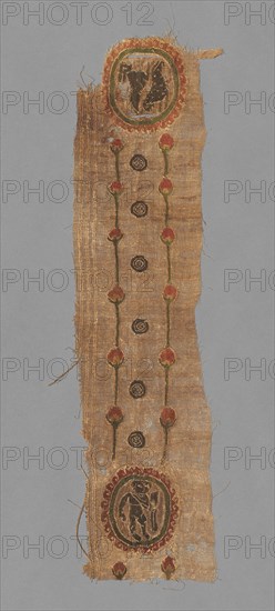 Fragment with Two Roundels and a Band, 600s - 700s. Egypt, Umayyad period (?), 7th-8th century. Tabby weave with inwoven tapestry ornament, linen and wool; overall: 10 x 41 cm (3 15/16 x 16 1/8 in.)