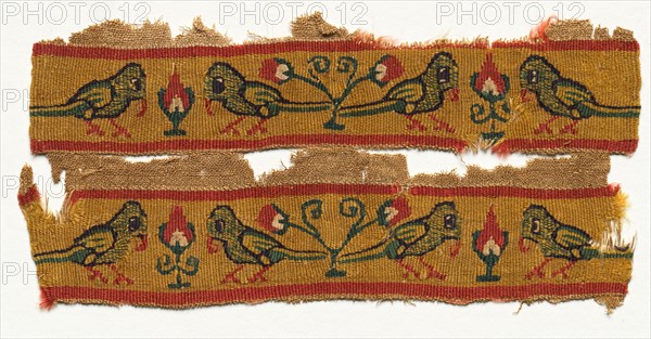 Sleeve Bands from a Tunic, 600s - 700s. Egypt, Umayyad period (?), 7th - 8th century. Tabby weave, inwoven tapestry ornament; wool and linen; overall: 10.2 x 21.2 cm (4 x 8 3/8 in.)