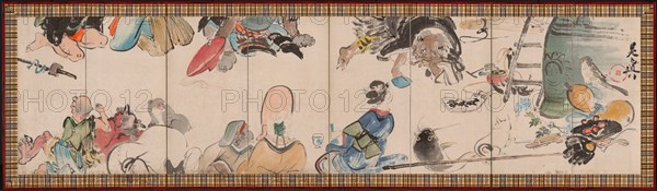 Gathering of Otsu-e Subjects, late 1800s. Shibata Zeshin (Japanese, 1807-1891). Eight-panel folding screen, ink and color on hemp; image: 101 x 396 cm (39 3/4 x 155 7/8 in.); overall: 170 x 336 cm (66 15/16 x 132 5/16 in.); closed: 170 x 11.7 x 61.6 cm (66 15/16 x 4 5/8 x 24 1/4 in.)