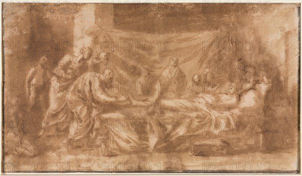 Extreme Unction (recto), 1643-1644. Nicolas Poussin (French, 1594-1665). Pen and brown ink and brush and brown wash; sheet: 12.6 x 22 cm (4 15/16 x 8 11/16 in.).
