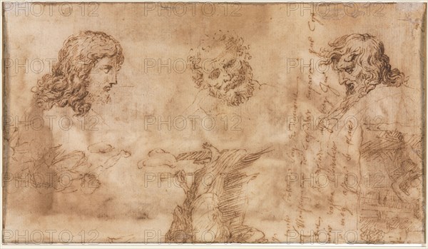 Three Heads and Other Sketches (verso), 1643-1644. Nicolas Poussin (French, 1594-1665). Pen and brown ink; sheet: 12.6 x 22 cm (4 15/16 x 8 11/16 in.).