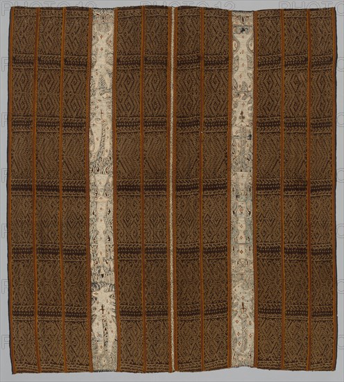 Tapis (Garment), 1800s. Indonesia, Sumatra, Lampung, 19th century. Tabby weave, warp ikat; cotton / embroidery; silk; overall: 130.2 x 117.8 cm (51 1/4 x 46 3/8 in.)