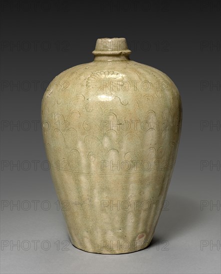 Wine Flask, c. 1300. Japan, Kamakura period (1185-1333). Stoneware with ash glaze and underglaze stamped and incised decoration (Seto ware); diameter: 17 cm (6 11/16 in.); overall: 25.3 cm (9 15/16 in.).