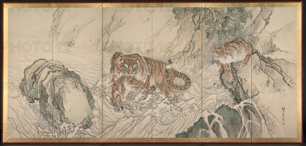 Tiger Family, early 1800s. Kishi Ganku (Japanese, 1749/56-1838). One of a pair of six-panel folding screens; ink and color on paper; image: 164.8 x 362.5 cm (64 7/8 x 142 11/16 in.); including mounting: 179.4 x 384.7 cm (70 5/8 x 151 7/16 in.).
