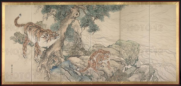 Tiger Family, early 1800s. Kishi Ganku (Japanese, 1749/56-1838). One of a pair of six-panel folding screens; ink and color on paper; image: 164.8 x 362.5 cm (64 7/8 x 142 11/16 in.); including mounting: 179.4 x 384.8 cm (70 5/8 x 151 1/2 in.).