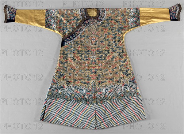 Semi-formal Court Robe (Jifu), late 1700s. China, Qing dynasty (1644-1911), Jiaqing period (1796-1820). Silk: satin weave; silk and metal thread: embroidery; width across shoulders: 226.1 cm (89 in.); length back of neck to hem: 154.9 cm (61 in.)