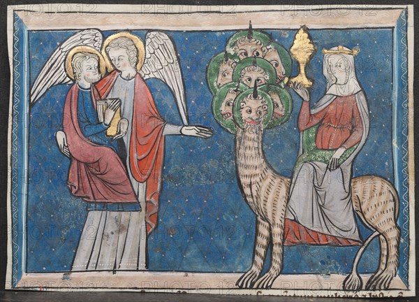 Miniature from a Manuscript of the Apocalypse: The Woman upon the Scarlet Beast, c. 1295. France, Lorraine, 13th century. Ink, tempera, and gold on vellum; sheet: 10.2 x 14.7 cm (4 x 5 13/16 in.); framed: 52.4 x 39.7 cm (20 5/8 x 15 5/8 in.); matted: 48.9 x 36.2 cm (19 1/4 x 14 1/4 in.)