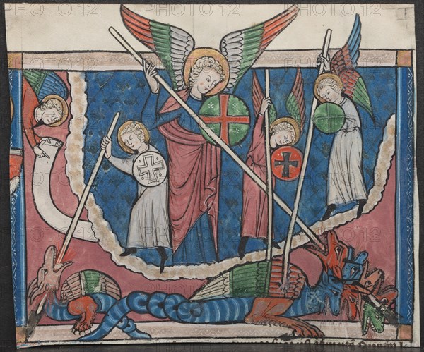 Miniature from a Manuscript of the Apocalypse: The War in Heaven, c. 1295. France, Lorraine, 13th century. Ink, tempera, and gold on vellum; sheet: 12 x 14.2 cm (4 3/4 x 5 9/16 in.); framed: 52.4 x 39.7 cm (20 5/8 x 15 5/8 in.); matted: 48.9 x 36.2 cm (19 1/4 x 14 1/4 in.)