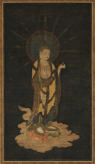 Welcoming Descent of Jizo Bosatsu, 1200s. Japan, Kamakura period (1185-1333). Hanging scroll; ink, color, gold, and cut gold on silk; image: 59 x 33.2 cm (23 1/4 x 13 1/16 in.); overall: 120.7 x 51.4 cm (47 1/2 x 20 1/4 in.).