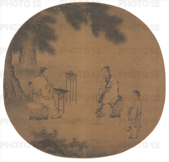 Listening to the Qin (Zither), 1150 - after 1225. Liu Songnian (Chinese, c. 1150-after 1225). Album leaf, ink and slight color on silk; image: 23.8 x 24.6 cm (9 3/8 x 9 11/16 in.); with mat: 33.3 x 40.5 cm (13 1/8 x 15 15/16 in.).