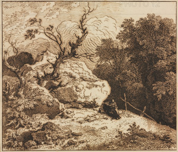 Hermit in a Wooded Landscape, 1776. Ferdinand Kobell (German, 1740-1799). Pen and brown ink over traces of graphite; framing lines brown ink; sheet: 19.1 x 22.3 cm (7 1/2 x 8 3/4 in.); secondary support: 26.8 x 29.8 cm (10 9/16 x 11 3/4 in.).