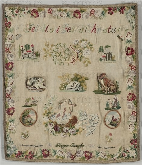 Sampler, 1870. Germany, 19th century. Embroidery; wool on woolen canvas; overall: 83.2 x 71.1 cm (32 3/4 x 28 in.)