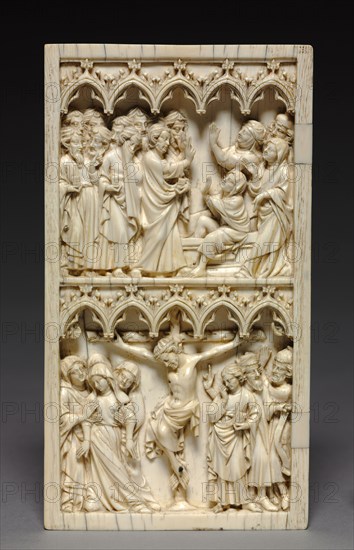 Diptych with Scenes from the Life of Christ (left wing: Raising of Lazarus and Crucifixion), c. 1350-1375. Germany, Thuringia or Saxony, 14th century. Ivory; part 1: 20.7 x 11.2 cm (8 1/8 x 4 7/16 in.)