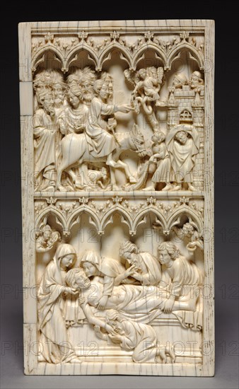 Diptych with Scenes from the Life of Christ (right wing: Entry into Jerusalem and Entombment), c. 1350-1375. Germany, Thuringia or Saxony, 14th century. Ivory; part 2: 20.7 x 11.2 cm (8 1/8 x 4 7/16 in.)