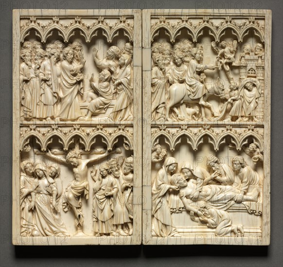 Diptych with Scenes from the Life of Christ (left wing: Raising of Lazarus and Crucifixion) (right wing: Entry into Jerusalem and Entombment), c. 1350-1375. Germany, Thuringia or Saxony, 14th century. Ivory; part 1: 20.7 x 11.2 cm (8 1/8 x 4 7/16 in.).