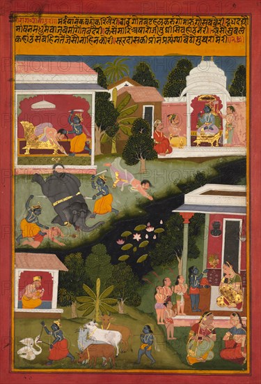 Krishna as the Destroyer of Demons, page from Surdas's Sursagar, c. 1700. India, Rajasthan, Mewar school, early 18th Century. Ink, color and gold on paper; overall: 36.5 x 25.4 cm (14 3/8 x 10 in.).