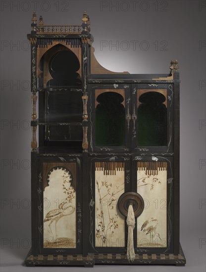 Cabinet, c. 1895. Carlo Bugatti (Italian, 1856-1940). Wood with metal inlays and painted parchment, glass doors and mirror; overall: 224.5 x 141 x 55.3 cm (88 3/8 x 55 1/2 x 21 3/4 in.).