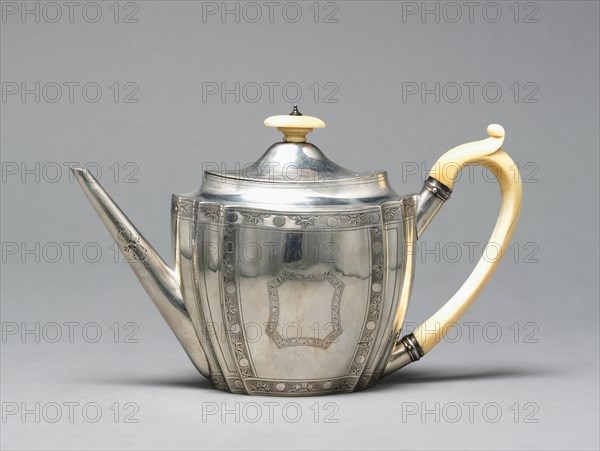 Teapot, 1795. Firm of George Smith (British), firm of Thomas Hayter (British). Silver and ivory; overall: 16.5 x 27.7 x 10.7 cm (6 1/2 x 10 7/8 x 4 3/16 in.).