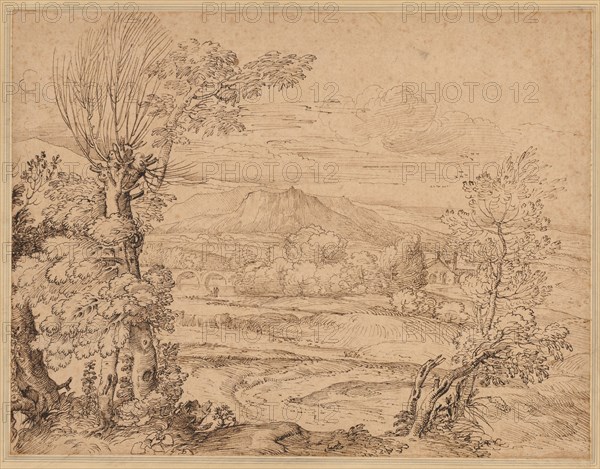 Landscape with a River and Aqueduct, mid 1600s. Giovanni Francesco Grimaldi (Italian, 1606-1680). Pen and brown ink over traces of black chalk; sheet: 35.7 x 46.3 cm (14 1/16 x 18 1/4 in.); secondary support: 45.5 x 59.9 cm (17 15/16 x 23 9/16 in.).