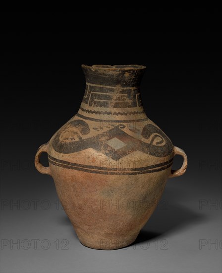 Urn with Lug Handles, c. 1300-1000 BC. China, Gansu province, Xindian Culture. Earthenware with slip coating and painted decoration; diameter: 29 cm (11 7/16 in.); overall: 41.3 cm (16 1/4 in.); diameter with handles: 35 cm (13 3/4 in.).