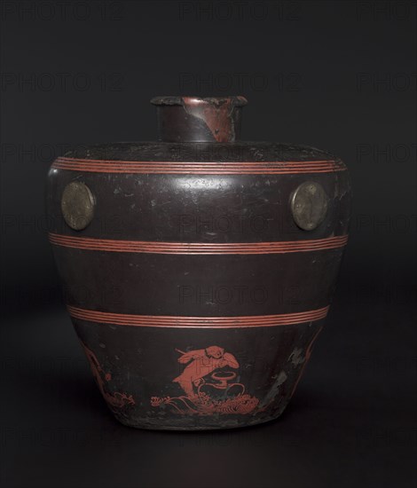 Jar with Scenes of Frolicking Monkeys, 1302. Japan, Kamakura period (1185-1333). Wood, covered with hemp cloth and colored lacquer; diameter: 47.2 cm (18 9/16 in.); overall: 49.4 cm (19 7/16 in.).