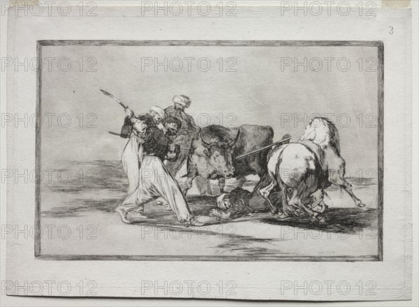 The Moors Settled in Spain, Giving Up the Superstitions of the Koran, Adopted this Art of Hunting, and Spear a Bull in the Open, 1815-1816. Francisco de Goya (Spanish, 1746-1828). Etching, aquatint, drypoint and engraving