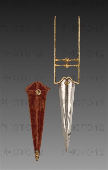 Katar dagger, 1700s. India, Mughal. Iron handle with gold inlay; steel blade; wooden sheath with velvet cover, brass boss, iron tip with gold inlay; overall: 45.6 x 8.2 cm (17 15/16 x 3 1/4 in.).
