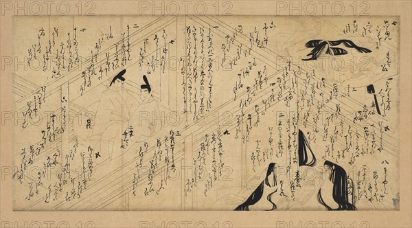 Yujo Monogatari Emaki, 1336-92. Japan, Nanbokucho period (1336-92). Section of a handscroll mounted on a hanging scroll, ink on paper; image: 16.2 x 33 cm (6 3/8 x 13 in.); overall: 105.4 x 57.2 cm (41 1/2 x 22 1/2 in.).