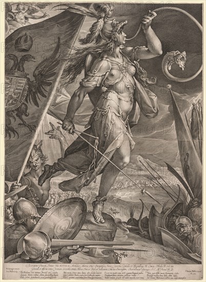 Bellona Leading the Armies of the Emperor against the Turks, 1600. Jan Muller (Dutch, 1571-1628), after Bartholomaeus Spranger (Flemish, 1546-1611). Engraving (printed from two plates); sheet: 70.8 x 51.2 cm (27 7/8 x 20 3/16 in.); image: 66.2 x 50.3 cm (26 1/16 x 19 13/16 in.)