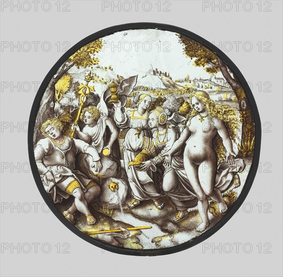 The Judgment of Paris, c. 1510-1520. South Netherlands, 16th century. Silver-stained glass roundel; diameter: 22.3 cm (8 3/4 in.)