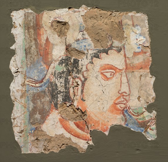 Fragment with a Head of Bodhisattva, c. 600-650. Central Asia, Kizil, 7th century. Fresco; image: 11.7 x 11.7 cm (4 5/8 x 4 5/8 in.); overall: 15.3 x 16 cm (6 x 6 5/16 in.)