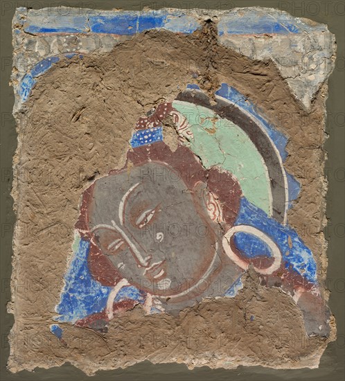Fragment with a Head of Bodhisattva, 600-650. Central Asia, Kizil, 7th century. Fresco; image: 16.8 x 15.5 cm (6 5/8 x 6 1/8 in.); overall: 23.2 x 20.6 cm (9 1/8 x 8 1/8 in.).