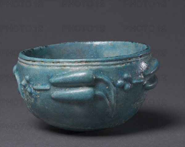 Bowl with Lotus Bud Decoration, 1-200. Egypt, Roman Empire. Bright turquoise blue faience; diameter: 10.6 cm (4 3/16 in.); diameter of mouth: 9.4 cm (3 11/16 in.); overall: 5.8 cm (2 5/16 in.).