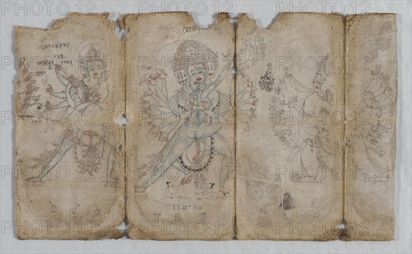 Iconographic Drawing of Tantric Enlightened Beings (verso), c. 1500. Tibet, early 15th Century. Ink and watercolor on cotton; overall: 20.3 x 12.7 cm (8 x 5 in.).